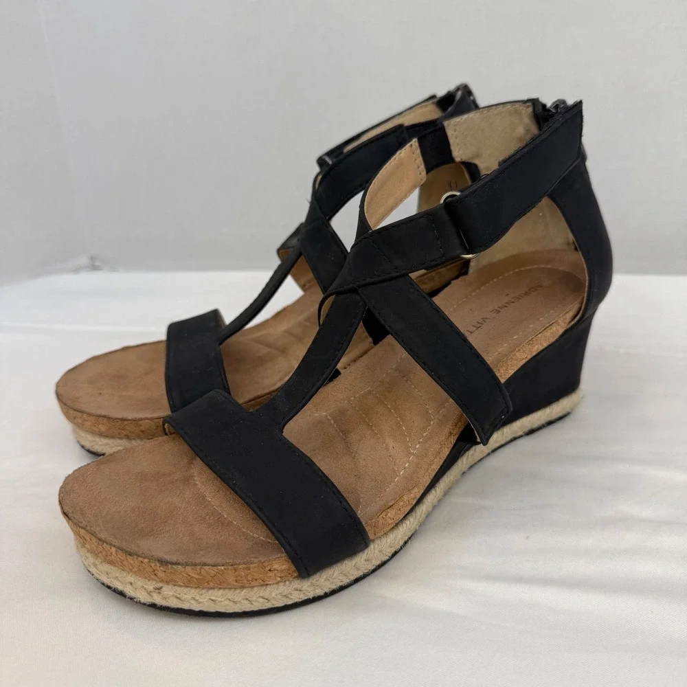 Adrienne Vittadini Thurston Black Strappy Espadrille Wedge Sandals Womens 7.5M